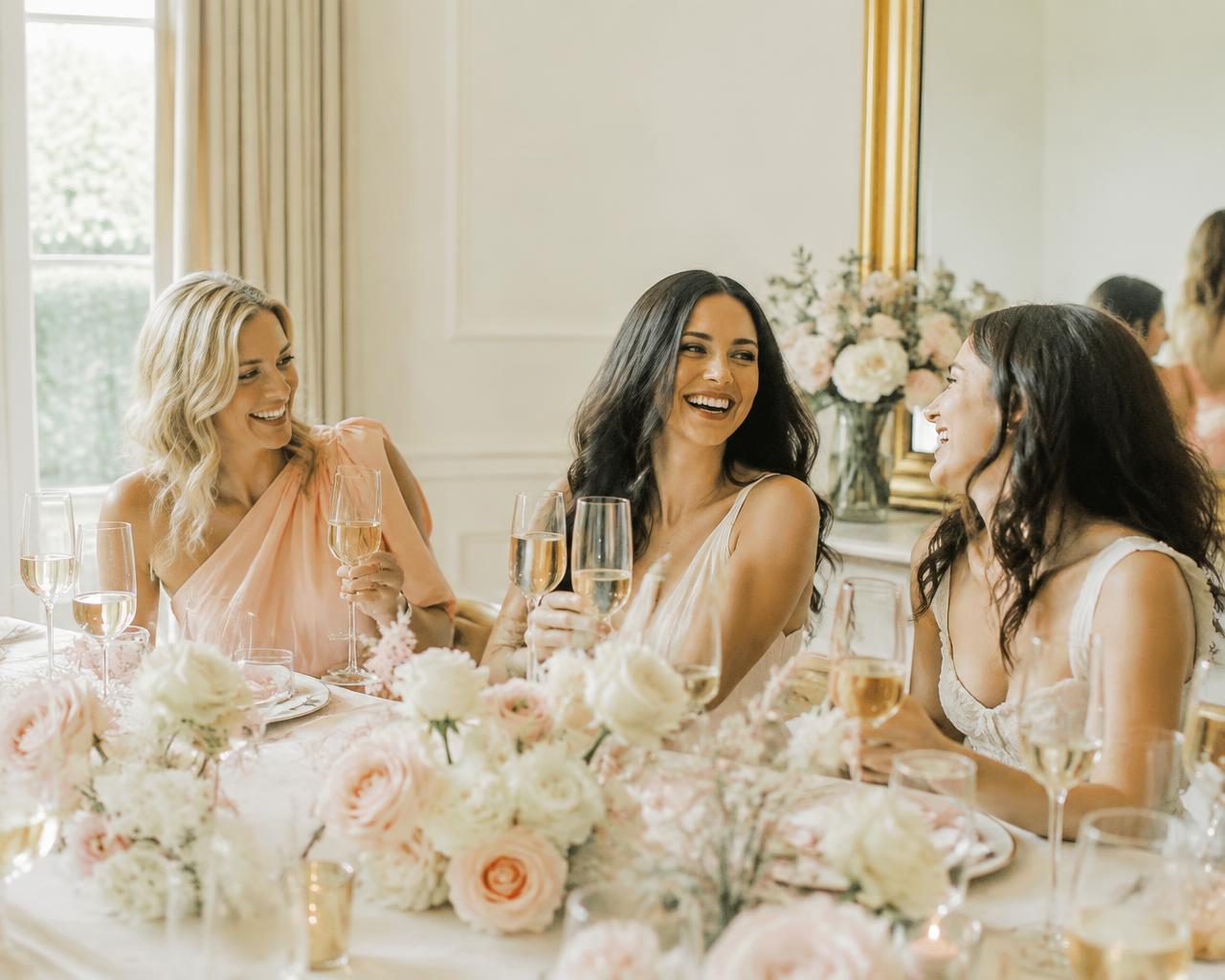Friends laughing and toasting around a styled table with blush and ivory florals