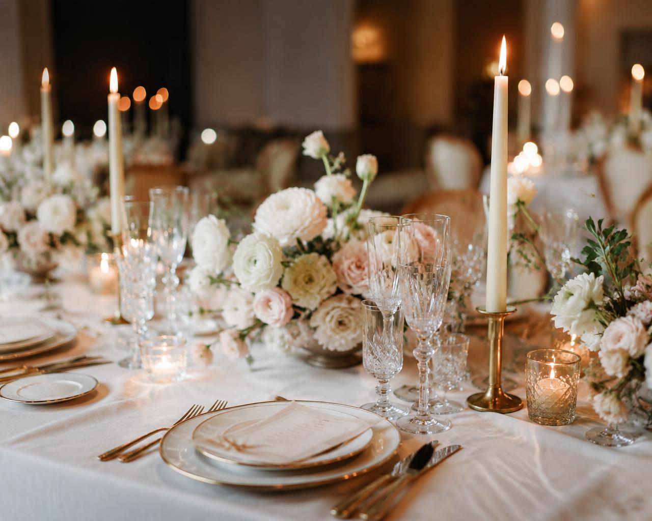Candlelit reception table with gold-rimmed china and ivory florals